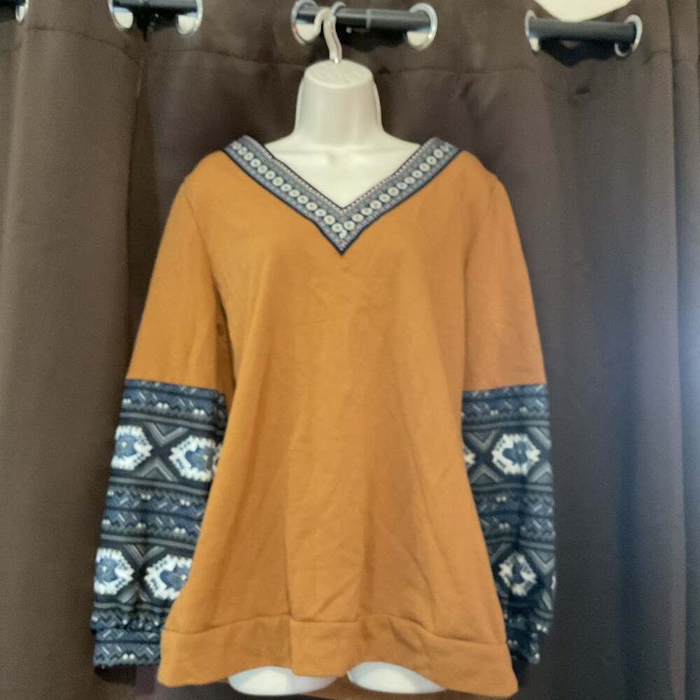 Mustard Yellow Boho Aztec Print V-Neck Sweatshirt - Size M